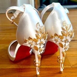 Red bottom heels white satin gold floral embellished pumps